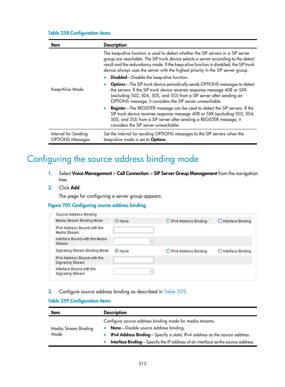 Configuring the source address binding mode, Table 258 | H3C Technologies H3C MSR 50 User Manual | Page 697 / 877