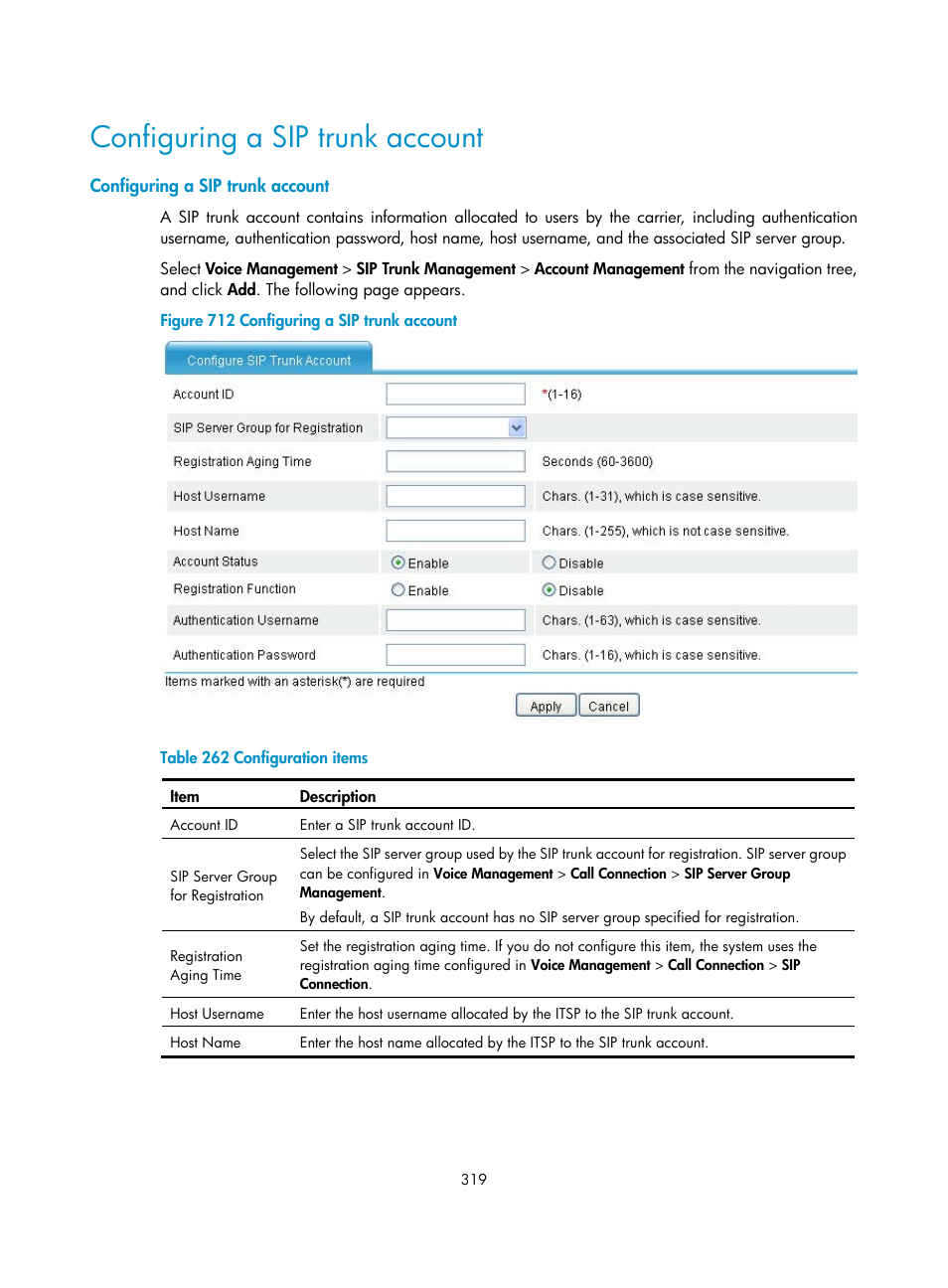 Configuring a sip trunk account | H3C Technologies H3C MSR 50 User Manual | Page 704 / 877