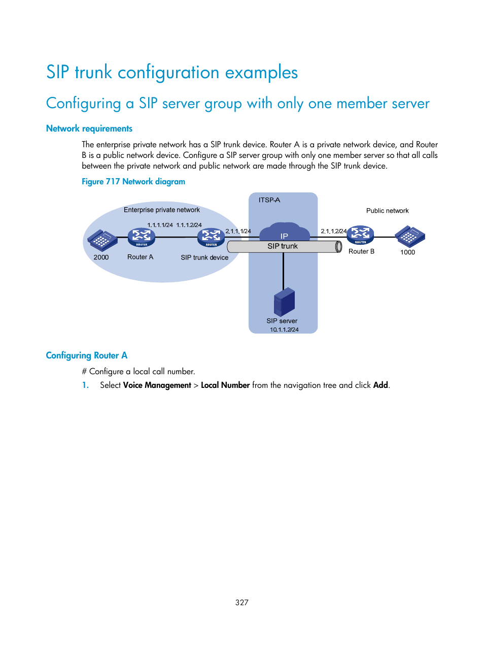 Sip trunk configuration examples, Network requirements, Configuring router a | H3C Technologies H3C MSR 50 User Manual | Page 712 / 877