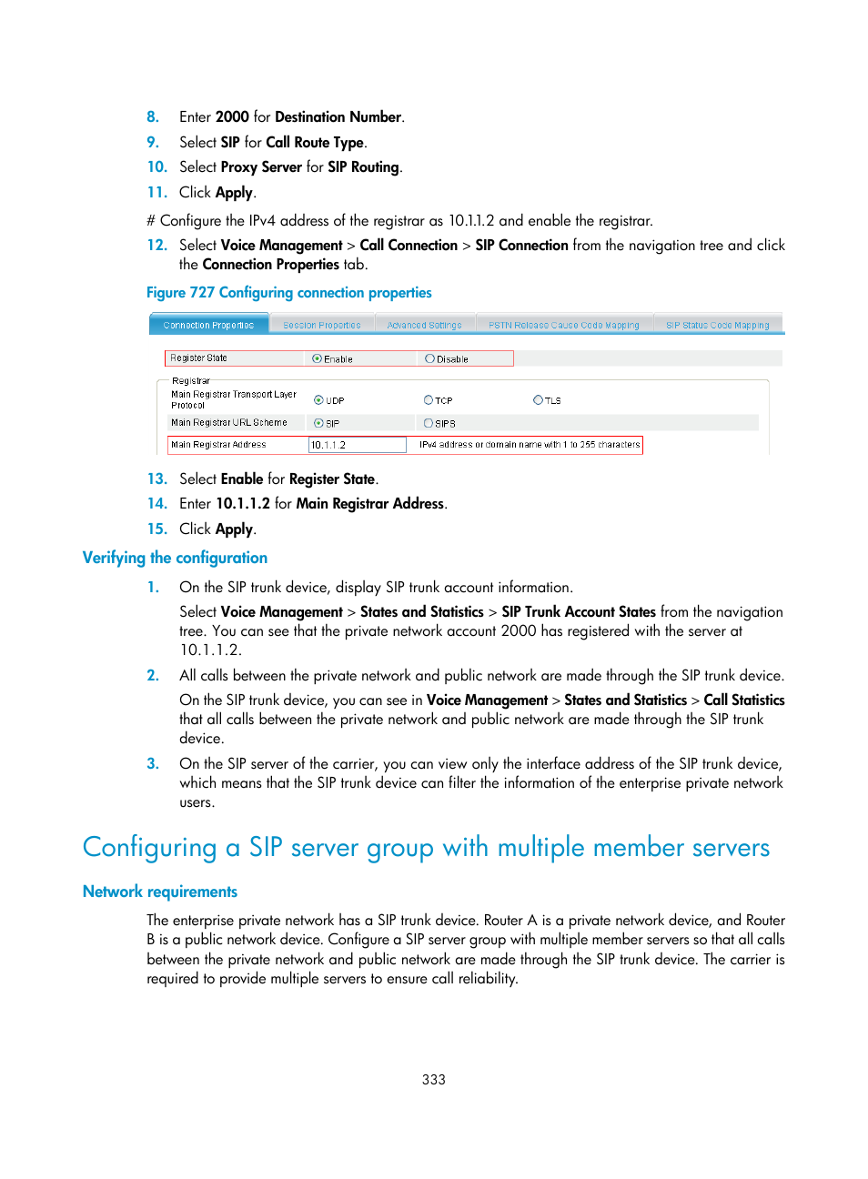 Verifying the configuration, Network requirements | H3C Technologies H3C MSR 50 User Manual | Page 718 / 877