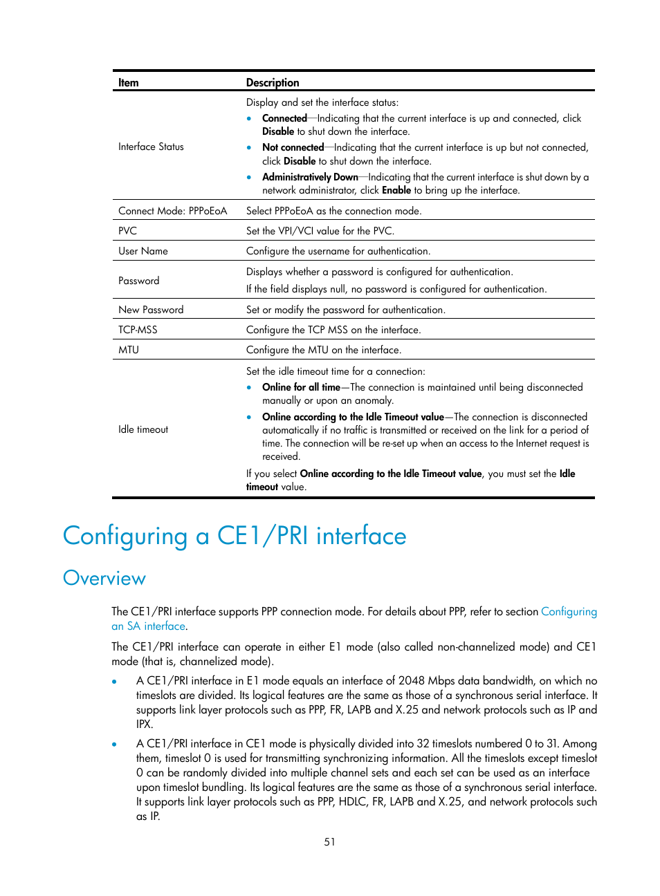 Configuring a ce1/pri interface, Overview | H3C Technologies H3C MSR 50 User Manual | Page 72 / 877