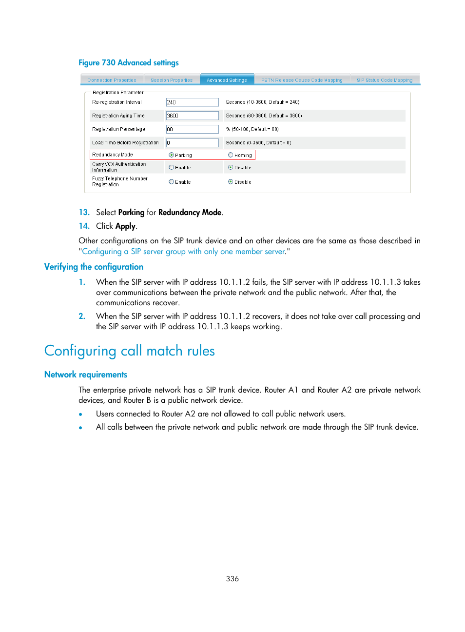 Verifying the configuration, Configuring call match rules, Network requirements | H3C Technologies H3C MSR 50 User Manual | Page 721 / 877