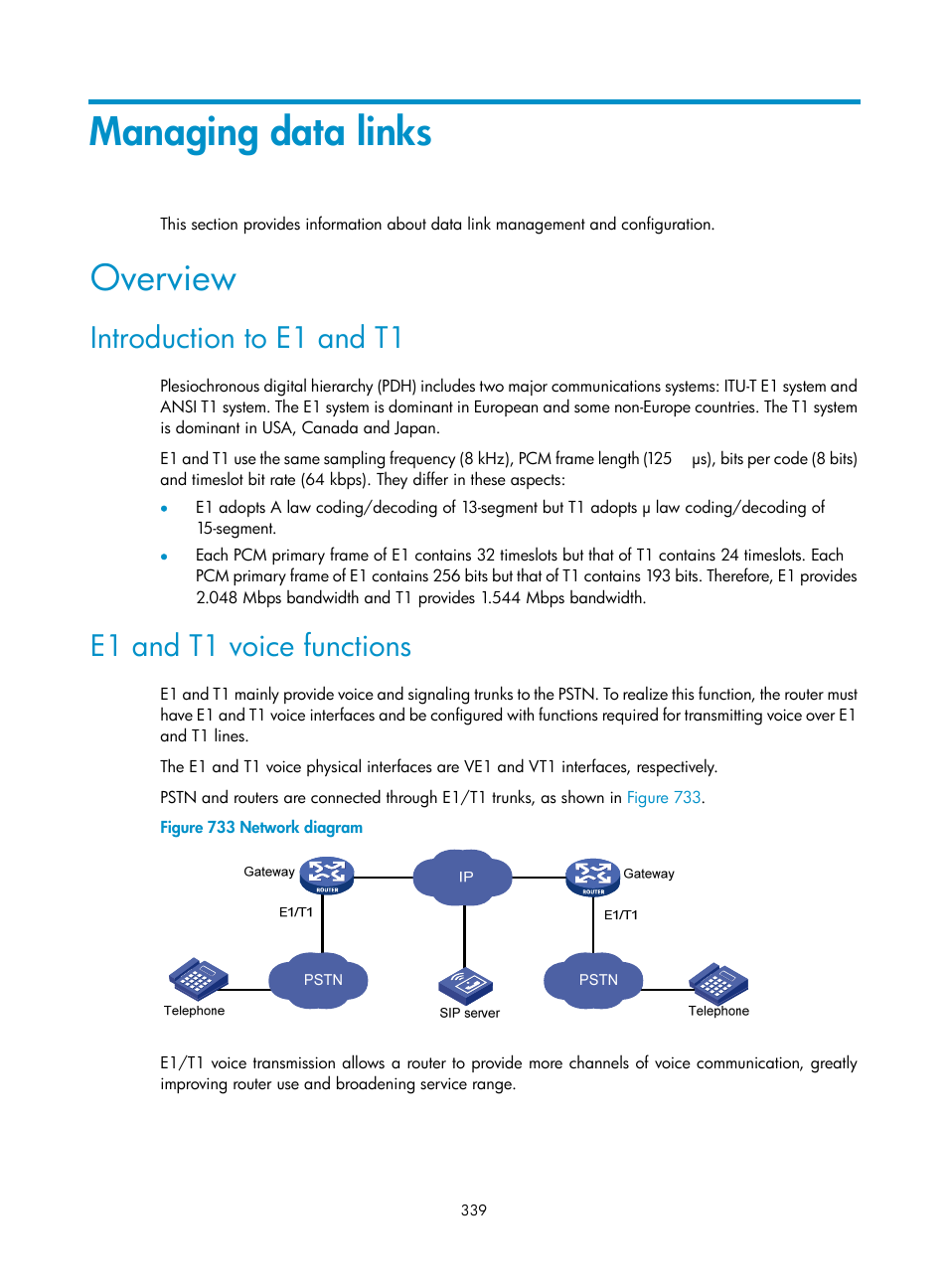 Managing data links, Overview, Introduction to e1 and t1 | E1 and t1 voice functions | H3C Technologies H3C MSR 50 User Manual | Page 724 / 877