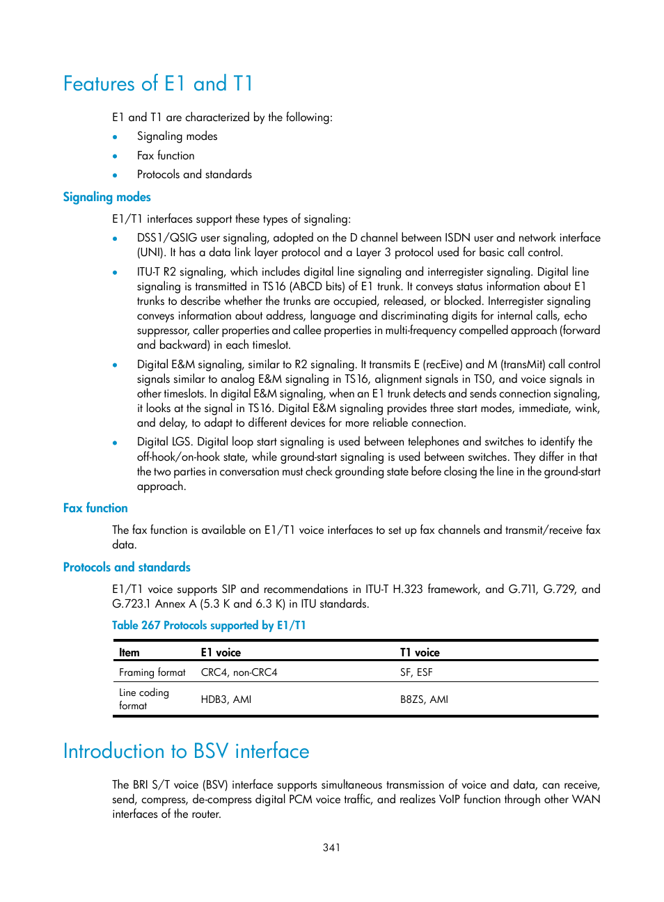 Features of e1 and t1, Signaling modes, Fax function | Protocols and standards, Introduction to bsv interface | H3C Technologies H3C MSR 50 User Manual | Page 726 / 877