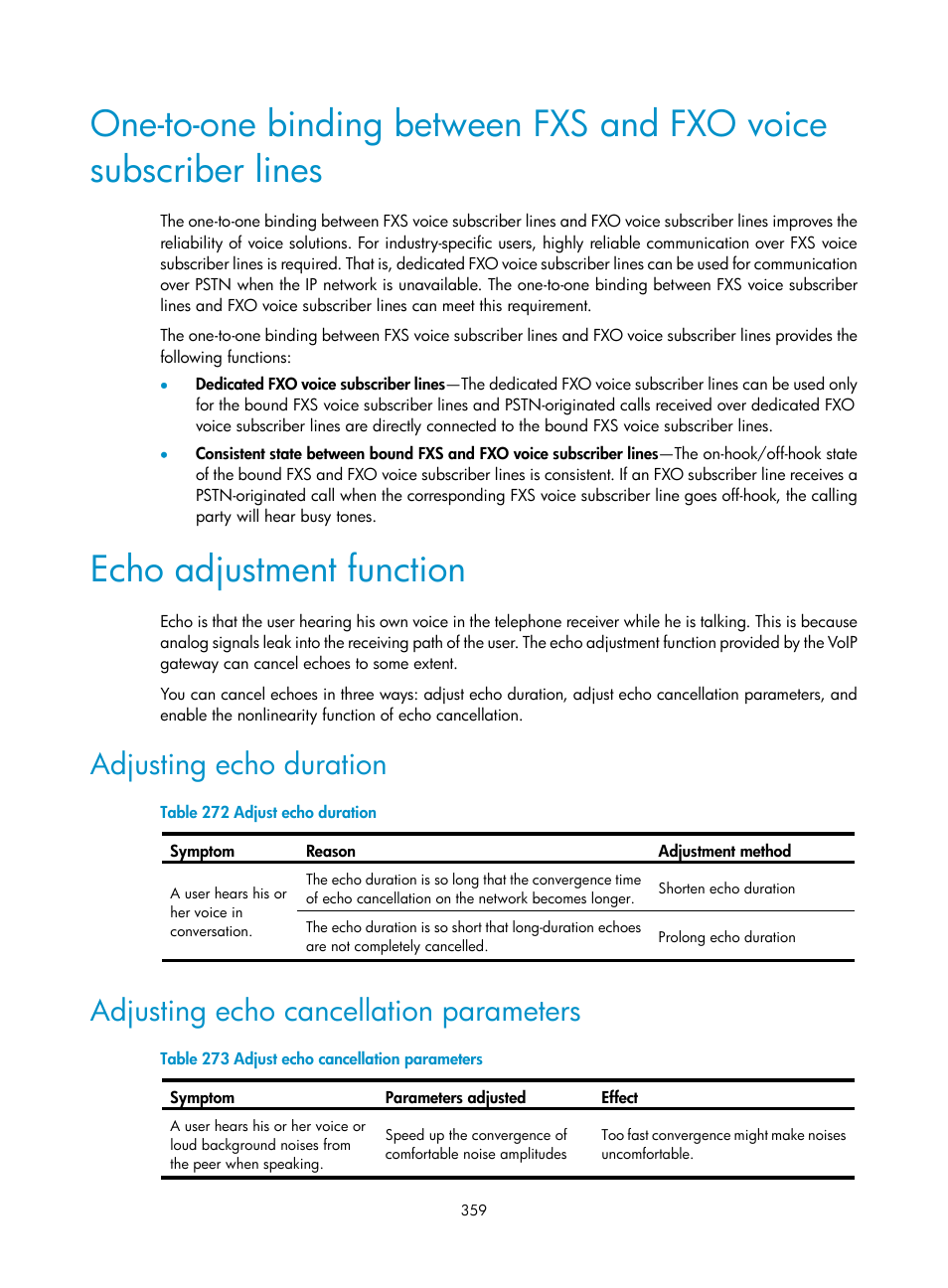 Echo adjustment function, Adjusting echo duration, Adjusting echo cancellation parameters | H3C Technologies H3C MSR 50 User Manual | Page 744 / 877