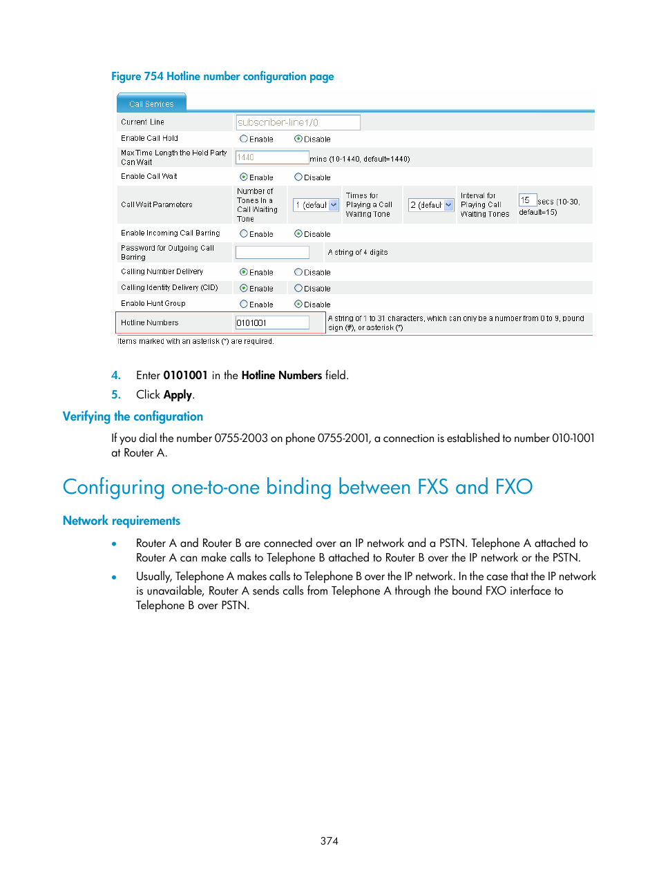 Verifying the configuration, Configuring one-to-one binding between fxs and fxo, Network requirements | H3C Technologies H3C MSR 50 User Manual | Page 759 / 877