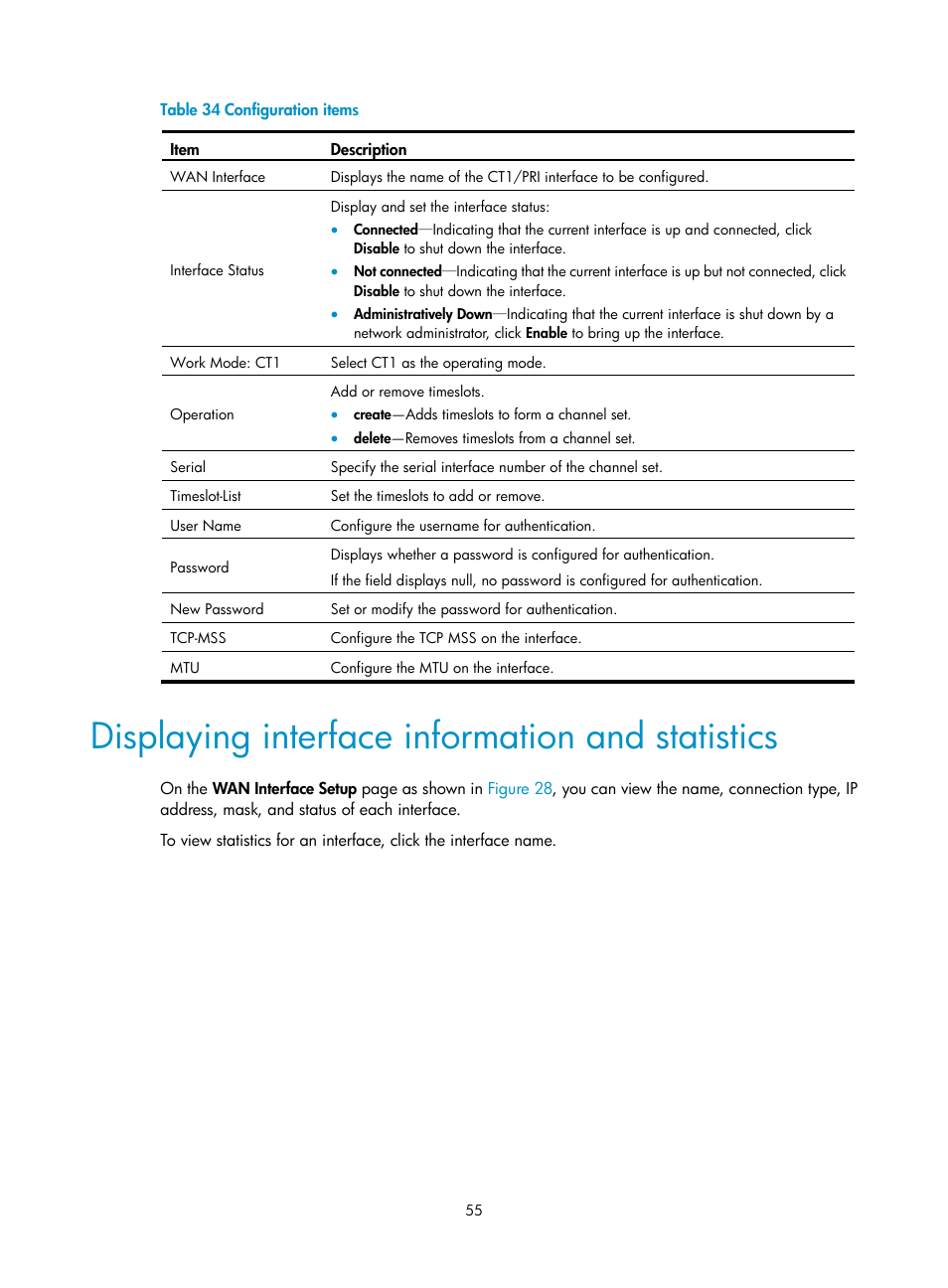 Displaying interface information and statistics, Table 34 | H3C Technologies H3C MSR 50 User Manual | Page 76 / 877