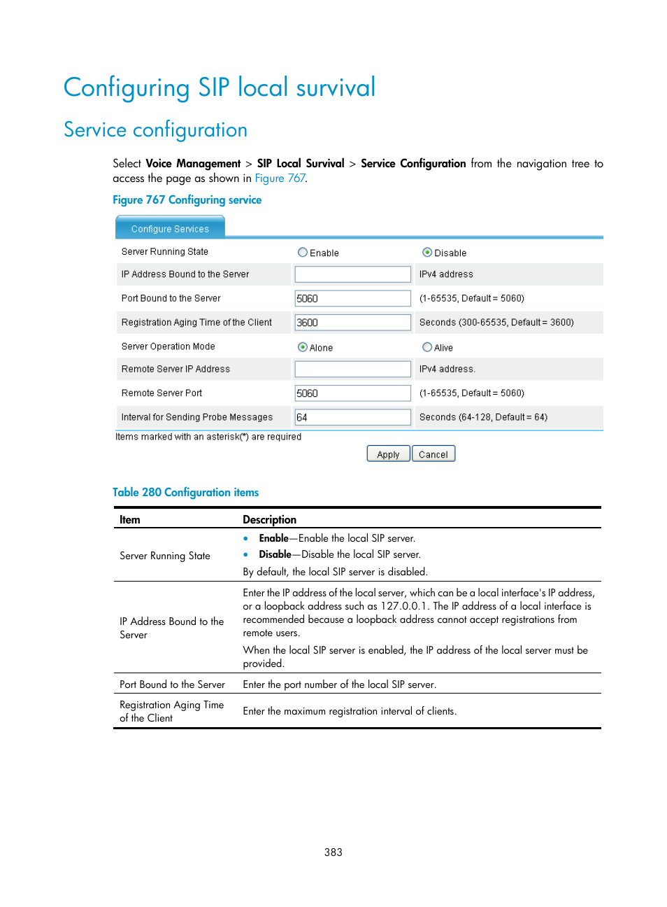 Configuring sip local survival, Service configuration | H3C Technologies H3C MSR 50 User Manual | Page 768 / 877