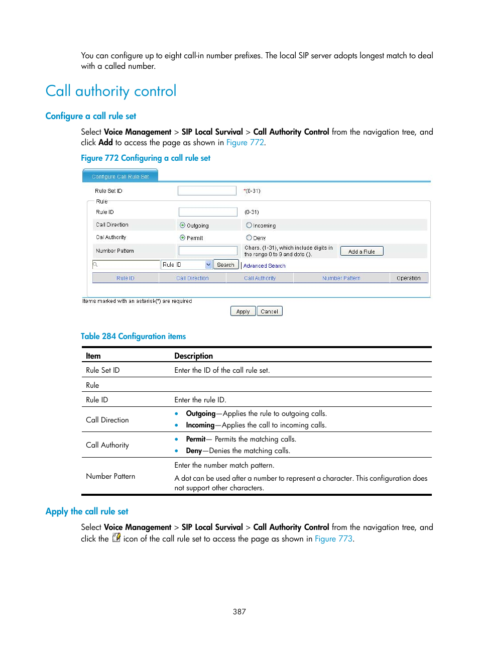 Call authority control, Configure a call rule set, Apply the call rule set | H3C Technologies H3C MSR 50 User Manual | Page 772 / 877