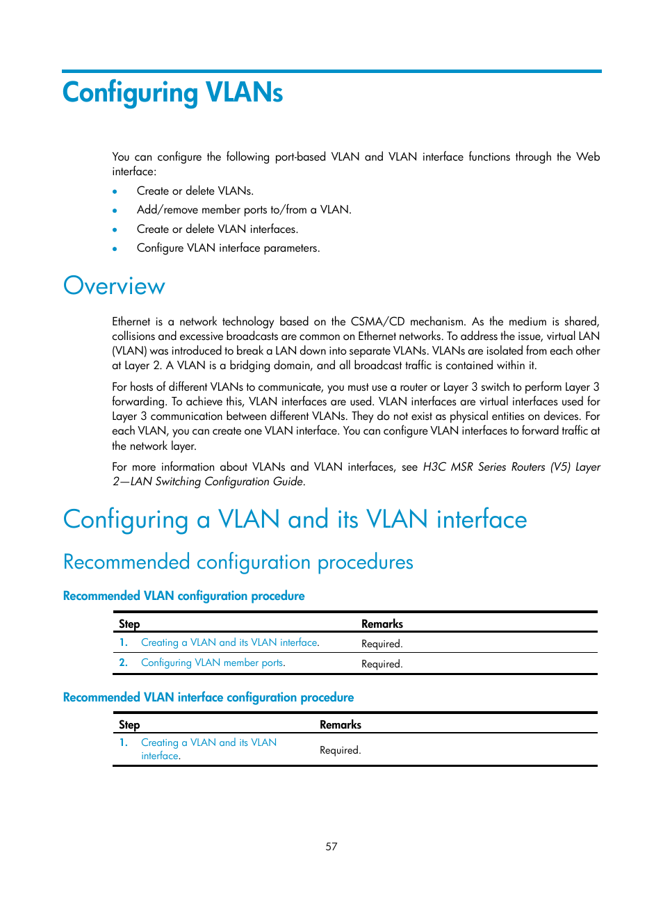 Configuring vlans, Overview, Configuring a vlan and its vlan interface | Recommended configuration procedures, Recommended vlan configuration procedure, Recommended vlan interface configuration procedure | H3C Technologies H3C MSR 50 User Manual | Page 78 / 877