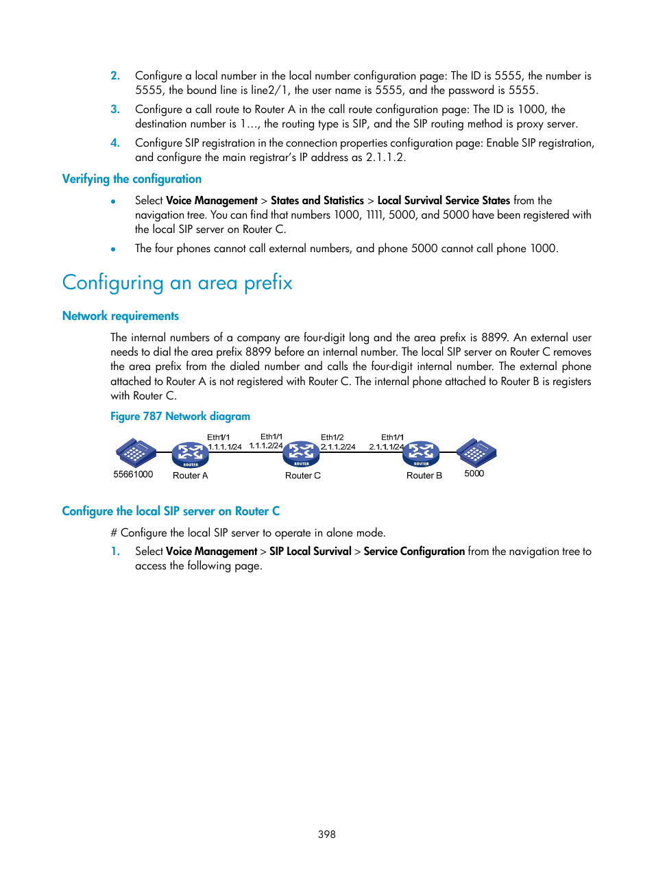 Verifying the configuration, Configuring an area prefix, Network requirements | Configure the local sip server on router c | H3C Technologies H3C MSR 50 User Manual | Page 783 / 877