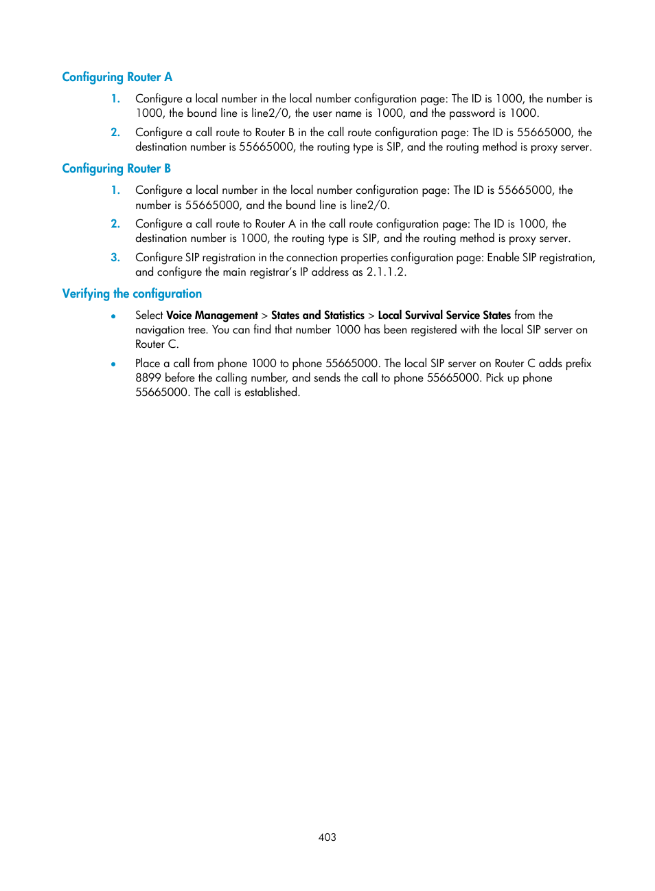 Configuring router a, Configuring router b, Verifying the configuration | H3C Technologies H3C MSR 50 User Manual | Page 788 / 877