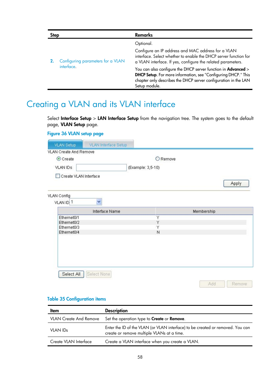 Creating a vlan and its vlan interface, Creating a vlan and its vlan, Interface | H3C Technologies H3C MSR 50 User Manual | Page 79 / 877