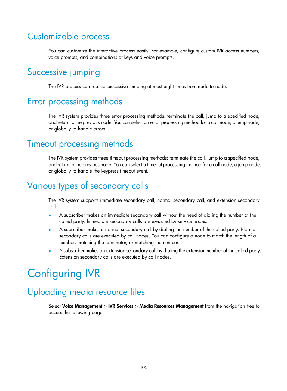 Customizable process, Successive jumping, Error processing methods | Timeout processing methods, Various types of secondary calls, Configuring ivr, Uploading media resource files | H3C Technologies H3C MSR 50 User Manual | Page 790 / 877