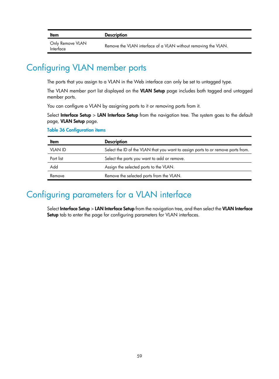 Configuring vlan member ports, Configuring parameters for a vlan interface | H3C Technologies H3C MSR 50 User Manual | Page 80 / 877