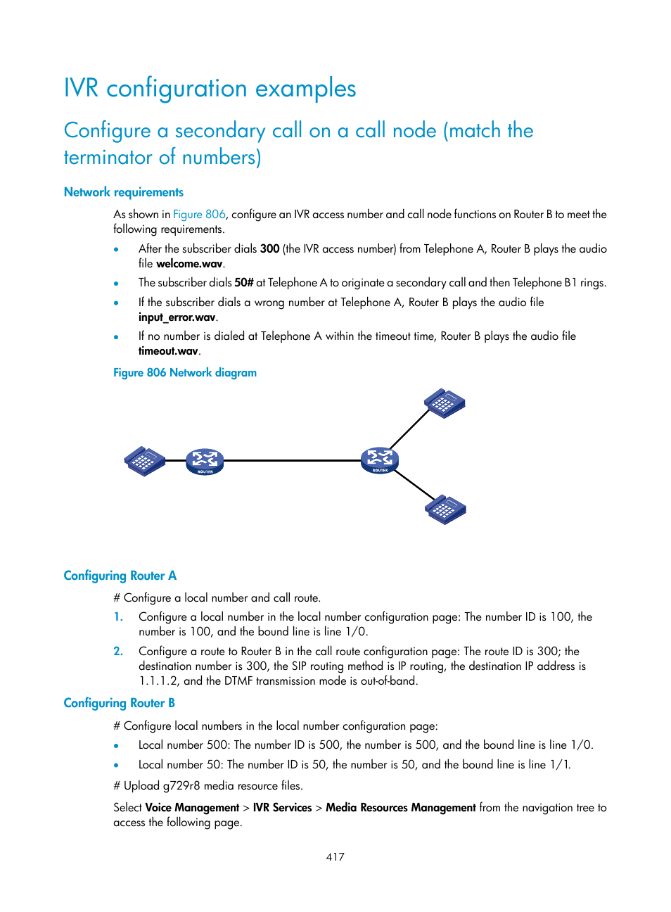 Ivr configuration examples, Network requirements, Configuring router a | Configuring router b | H3C Technologies H3C MSR 50 User Manual | Page 802 / 877