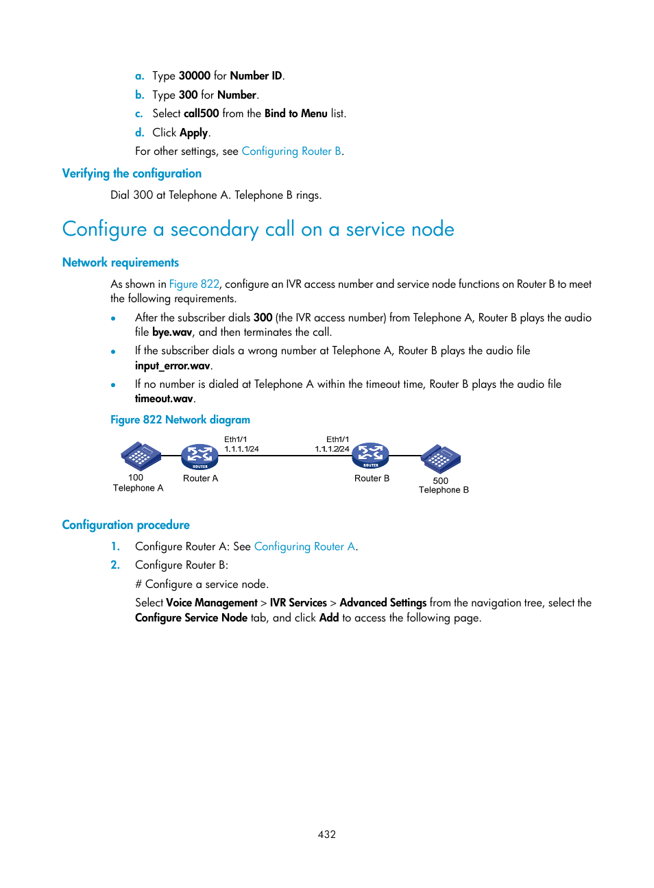 Verifying the configuration, Configure a secondary call on a service node, Network requirements | Configuration procedure | H3C Technologies H3C MSR 50 User Manual | Page 817 / 877