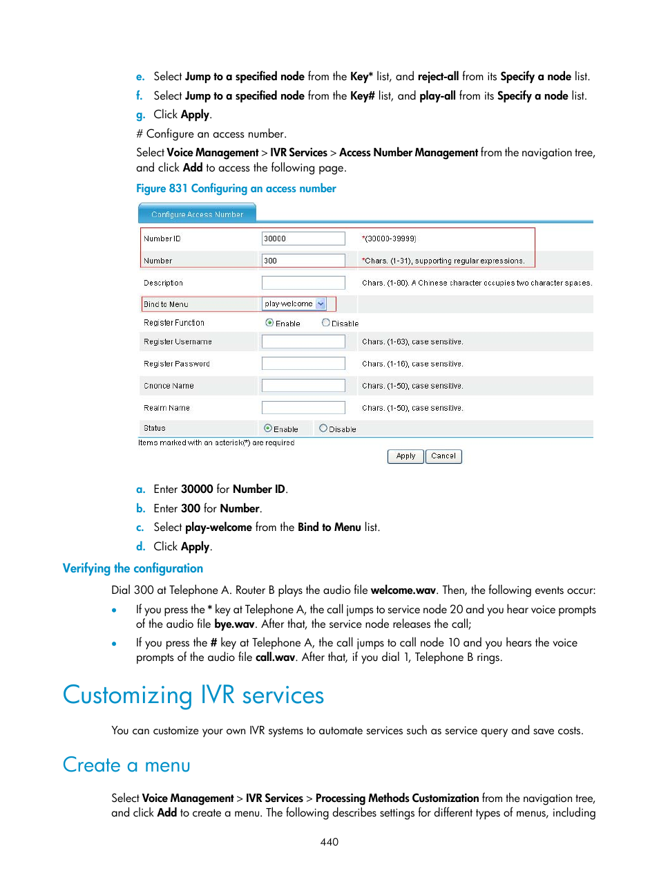 Verifying the configuration, Customizing ivr services, Create a menu | H3C Technologies H3C MSR 50 User Manual | Page 825 / 877