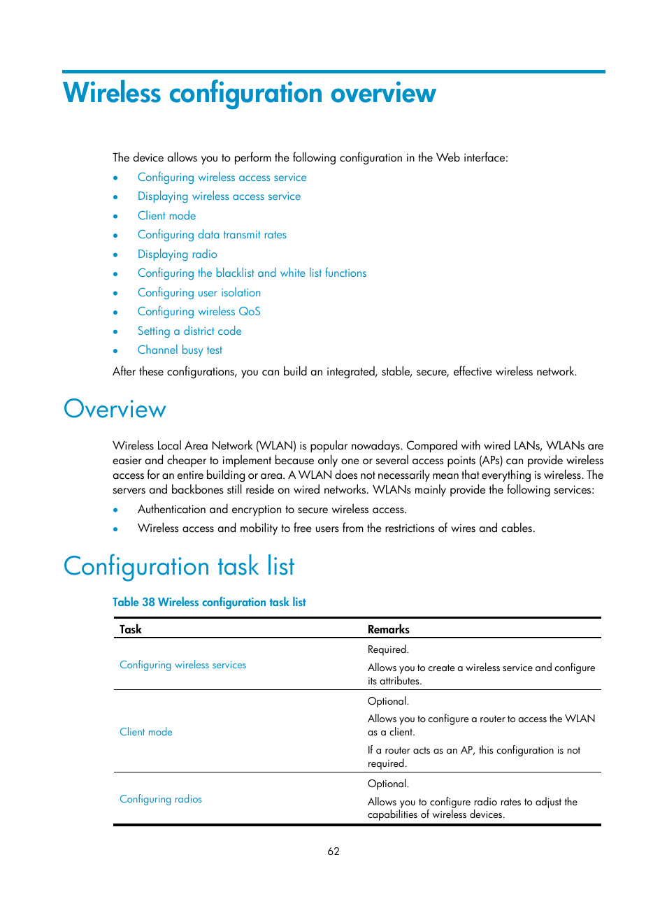 Wireless configuration overview, Overview, Configuration task list | H3C Technologies H3C MSR 50 User Manual | Page 83 / 877