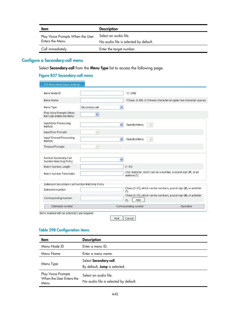 Configure a secondary-call menu | H3C Technologies H3C MSR 50 User Manual | Page 830 / 877