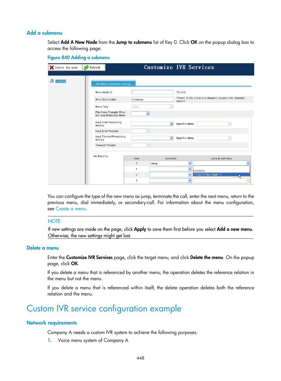 Add a submenu, Delete a menu, Custom ivr service configuration example | Network requirements | H3C Technologies H3C MSR 50 User Manual | Page 833 / 877