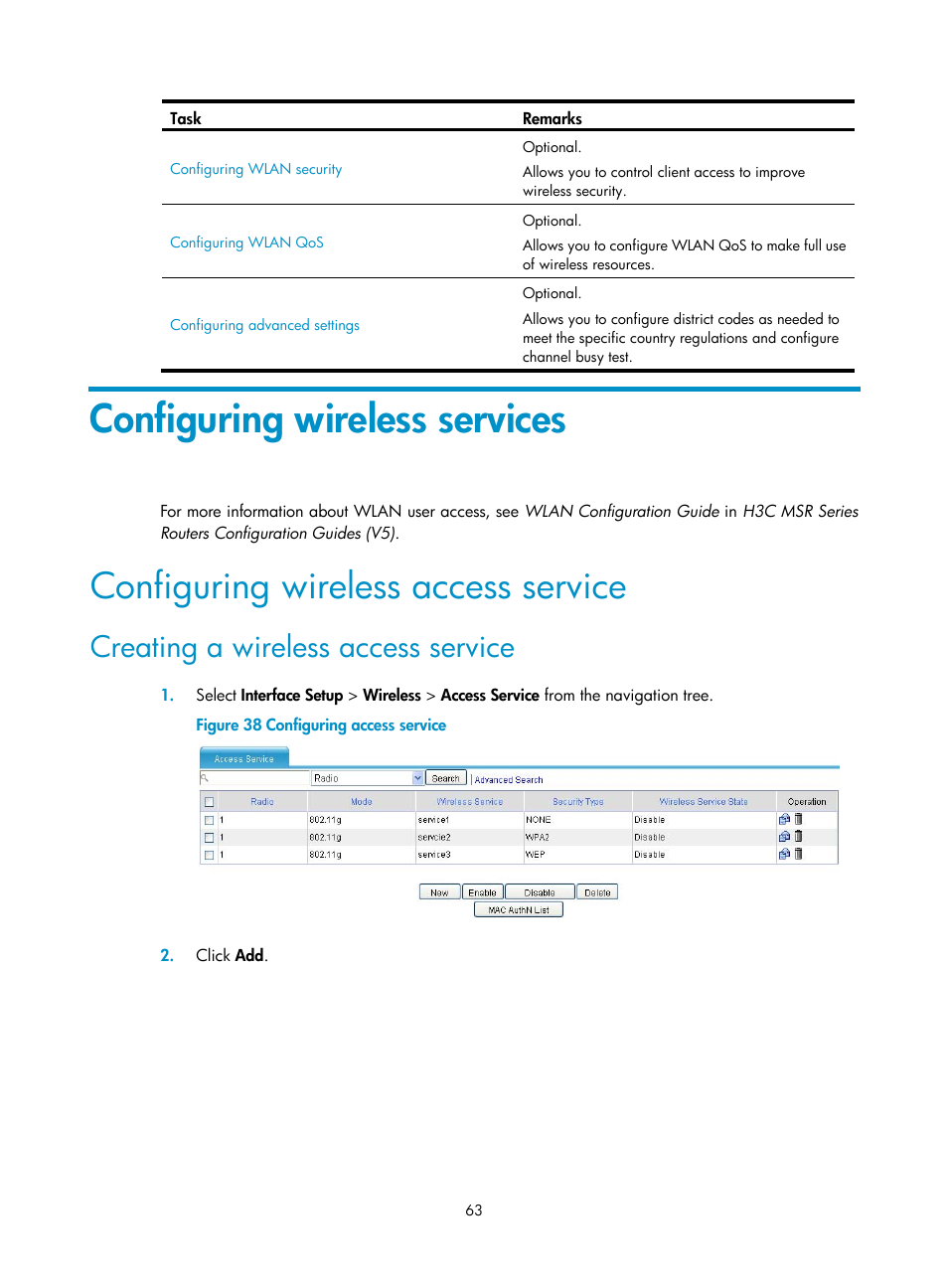 Configuring wireless services, Configuring wireless access service, Creating a wireless access service | H3C Technologies H3C MSR 50 User Manual | Page 84 / 877