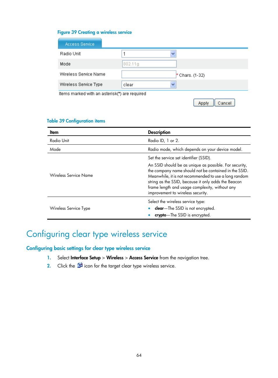 Configuring clear type wireless service | H3C Technologies H3C MSR 50 User Manual | Page 85 / 877