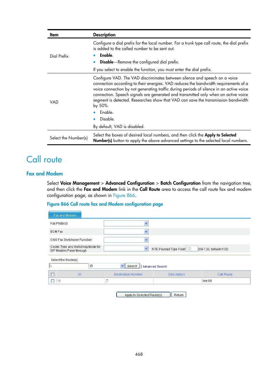 Call route, Fax and modem | H3C Technologies H3C MSR 50 User Manual | Page 853 / 877