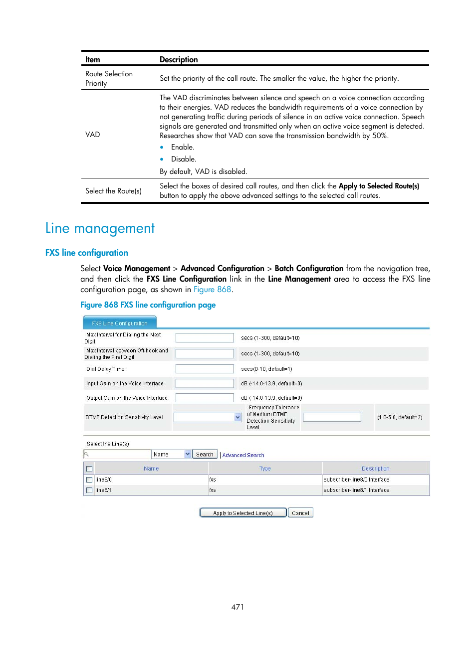 Line management, Fxs line configuration | H3C Technologies H3C MSR 50 User Manual | Page 856 / 877