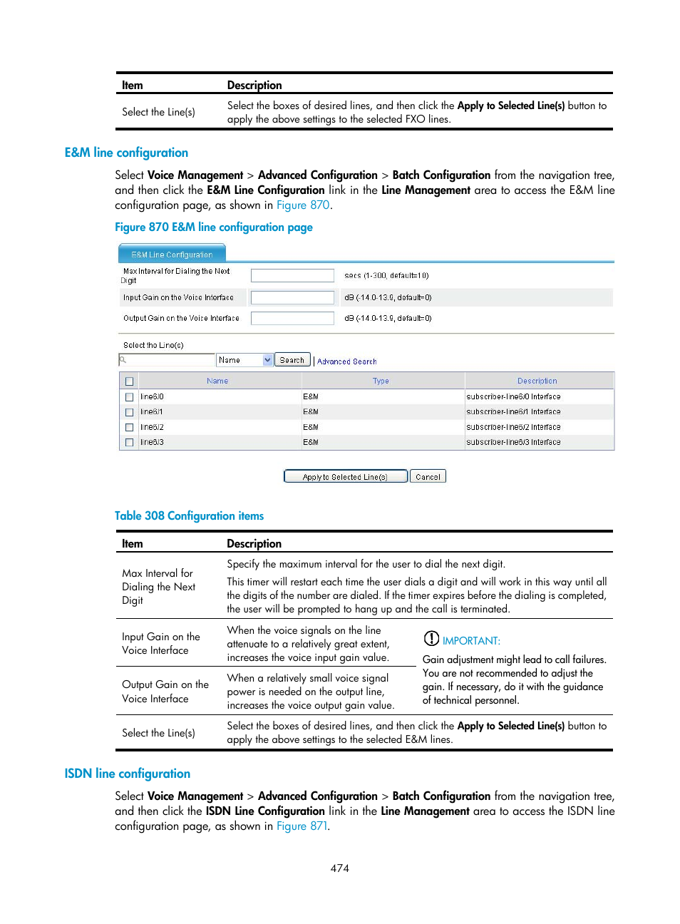 E&m line configuration, Isdn line configuration | H3C Technologies H3C MSR 50 User Manual | Page 859 / 877