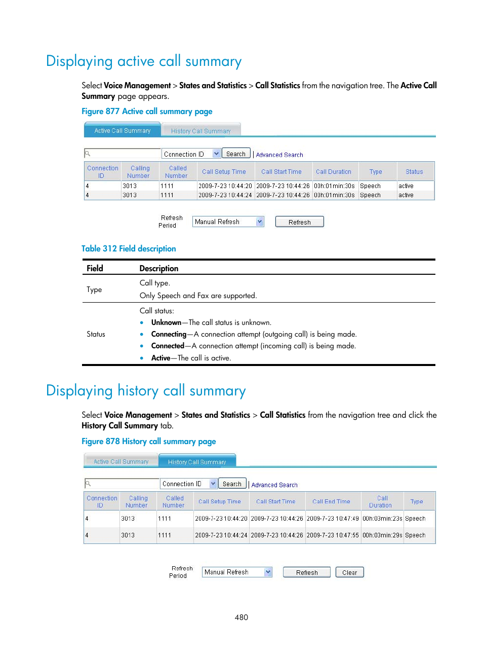 Displaying active call summary, Displaying history call summary | H3C Technologies H3C MSR 50 User Manual | Page 865 / 877