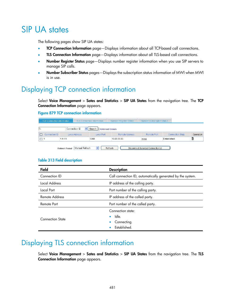 Sip ua states, Displaying tcp connection information, Displaying tls connection information | H3C Technologies H3C MSR 50 User Manual | Page 866 / 877