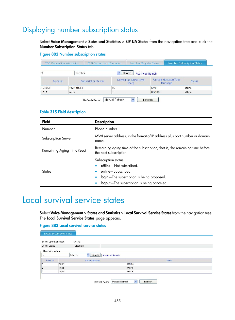 Displaying number subscription status, Local survival service states | H3C Technologies H3C MSR 50 User Manual | Page 868 / 877