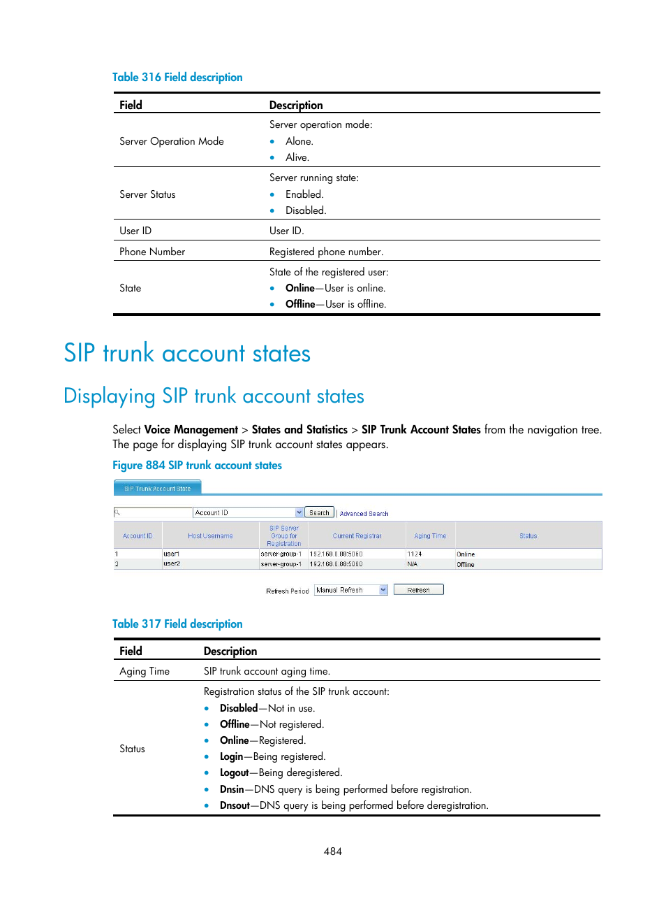 Sip trunk account states, Displaying sip trunk account states | H3C Technologies H3C MSR 50 User Manual | Page 869 / 877