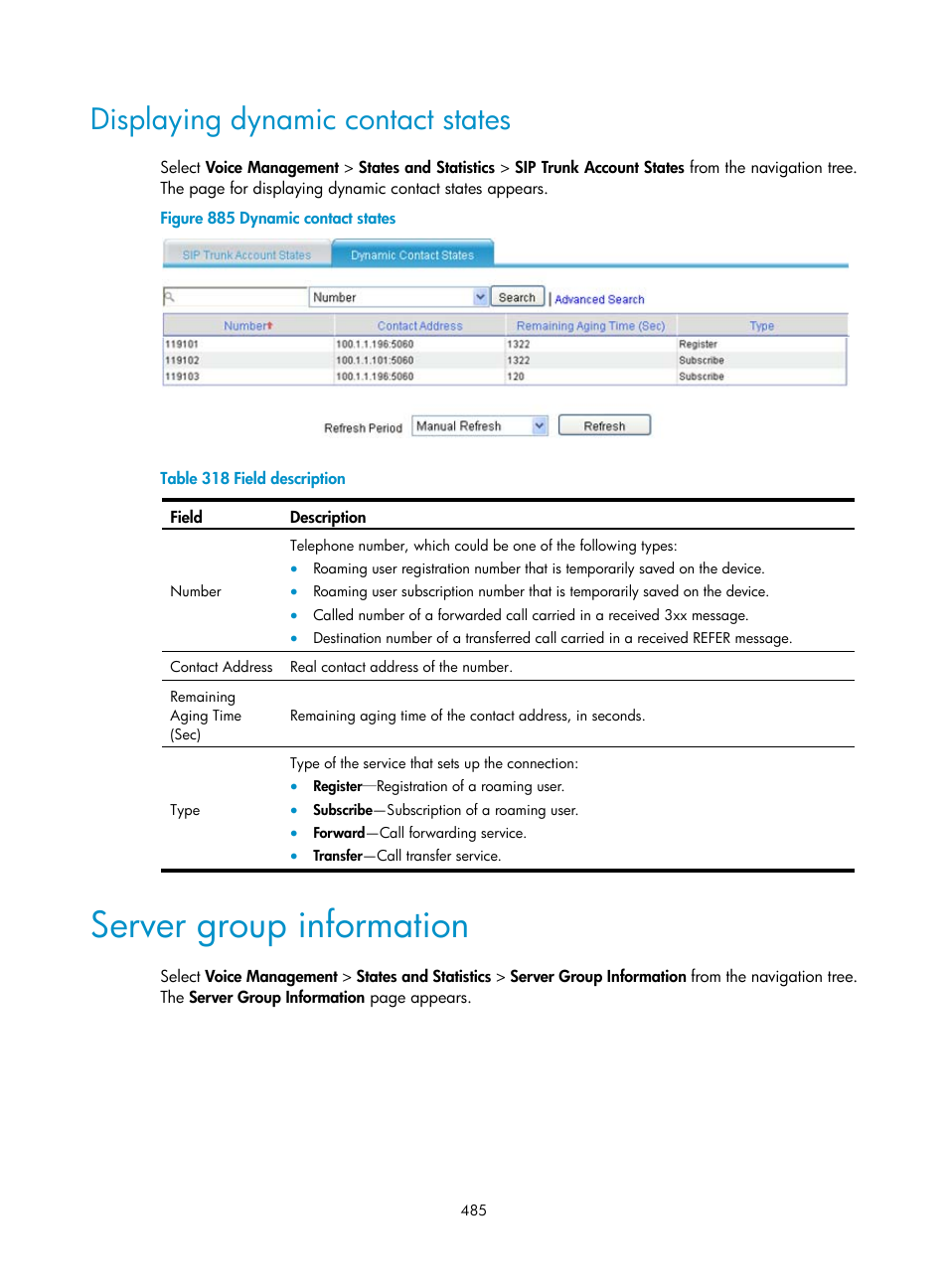 Displaying dynamic contact states, Server group information | H3C Technologies H3C MSR 50 User Manual | Page 870 / 877