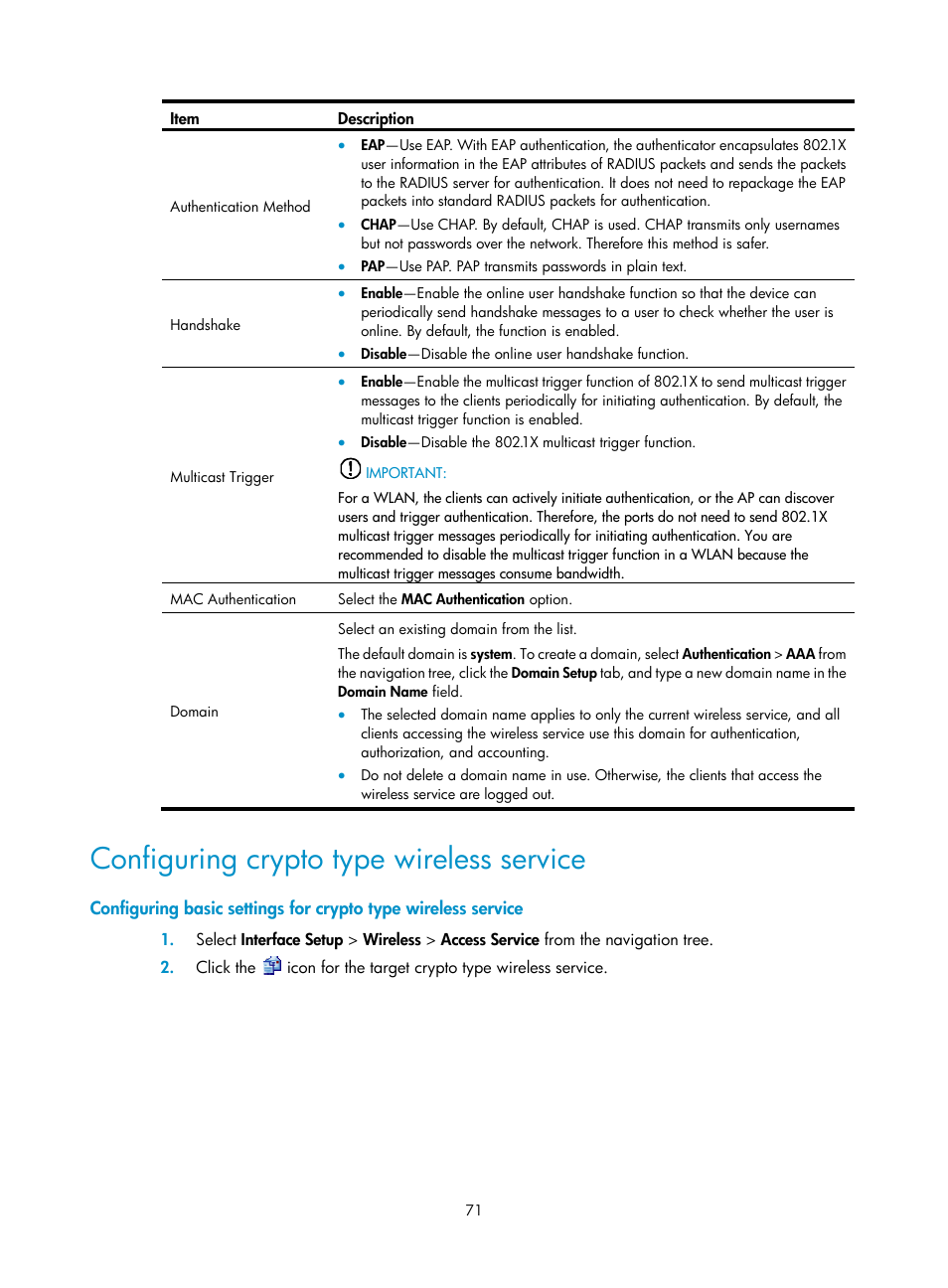 Configuring crypto type wireless service | H3C Technologies H3C MSR 50 User Manual | Page 92 / 877