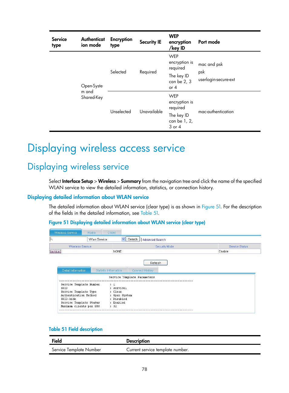 Displaying wireless access service, Displaying wireless service, Displaying detailed information about wlan service | H3C Technologies H3C MSR 50 User Manual | Page 99 / 877