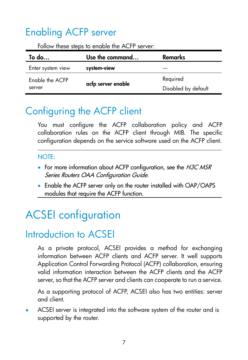 Enabling acfp server, Configuring the acfp client, Acsei configuration | Introduction to acsei | H3C Technologies H3C MSR 50 User Manual | Page 13 / 16