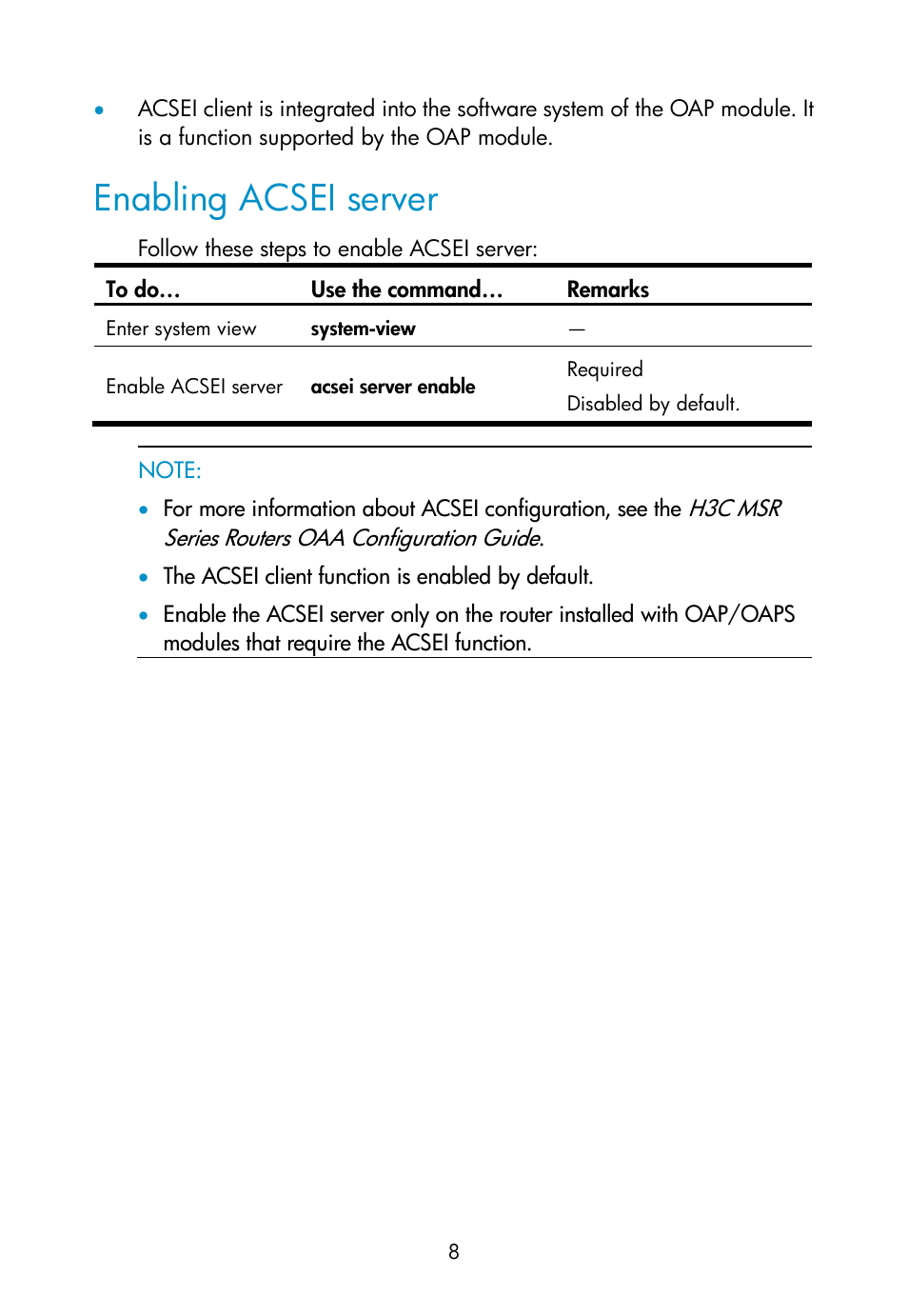 Enabling acsei server | H3C Technologies H3C MSR 50 User Manual | Page 14 / 16