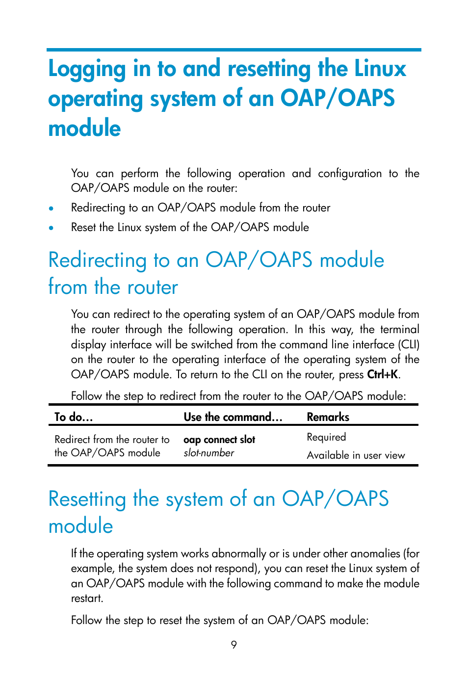 Redirecting to an oap/oaps module from the router, Resetting the system of an oap/oaps module | H3C Technologies H3C MSR 50 User Manual | Page 15 / 16