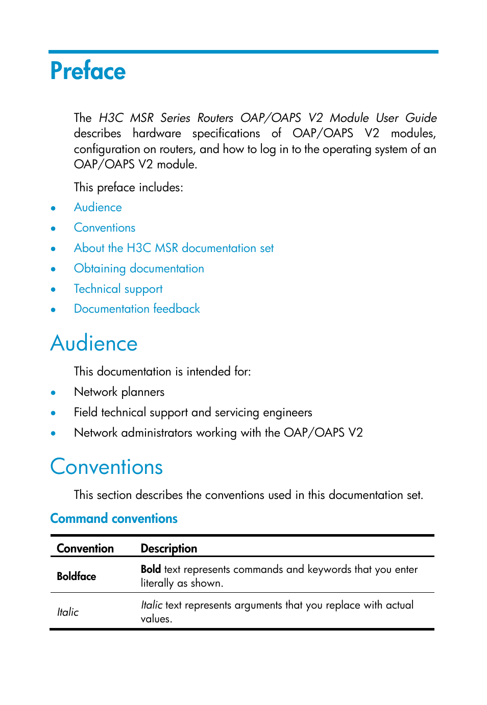 Preface, Audience, Conventions | Command conventions | H3C Technologies H3C MSR 50 User Manual | Page 3 / 16