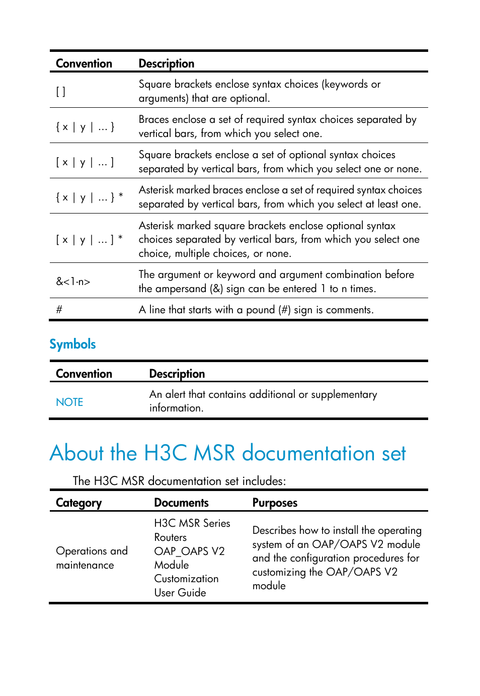 Symbols, About the h3c msr documentation set | H3C Technologies H3C MSR 50 User Manual | Page 4 / 16