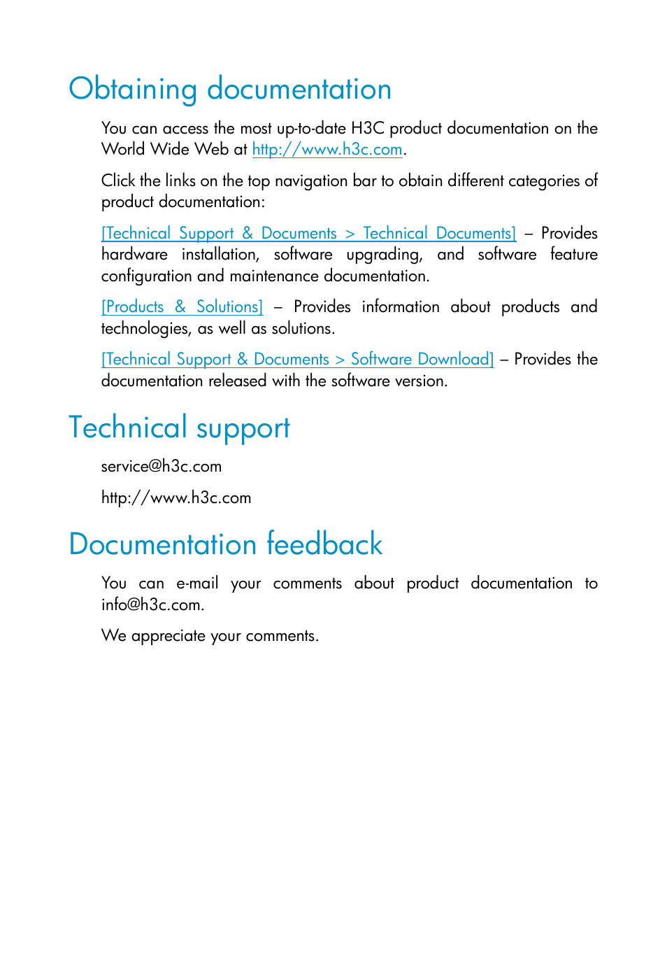 Obtaining documentation, Technical support, Documentation feedback | H3C Technologies H3C MSR 50 User Manual | Page 5 / 16