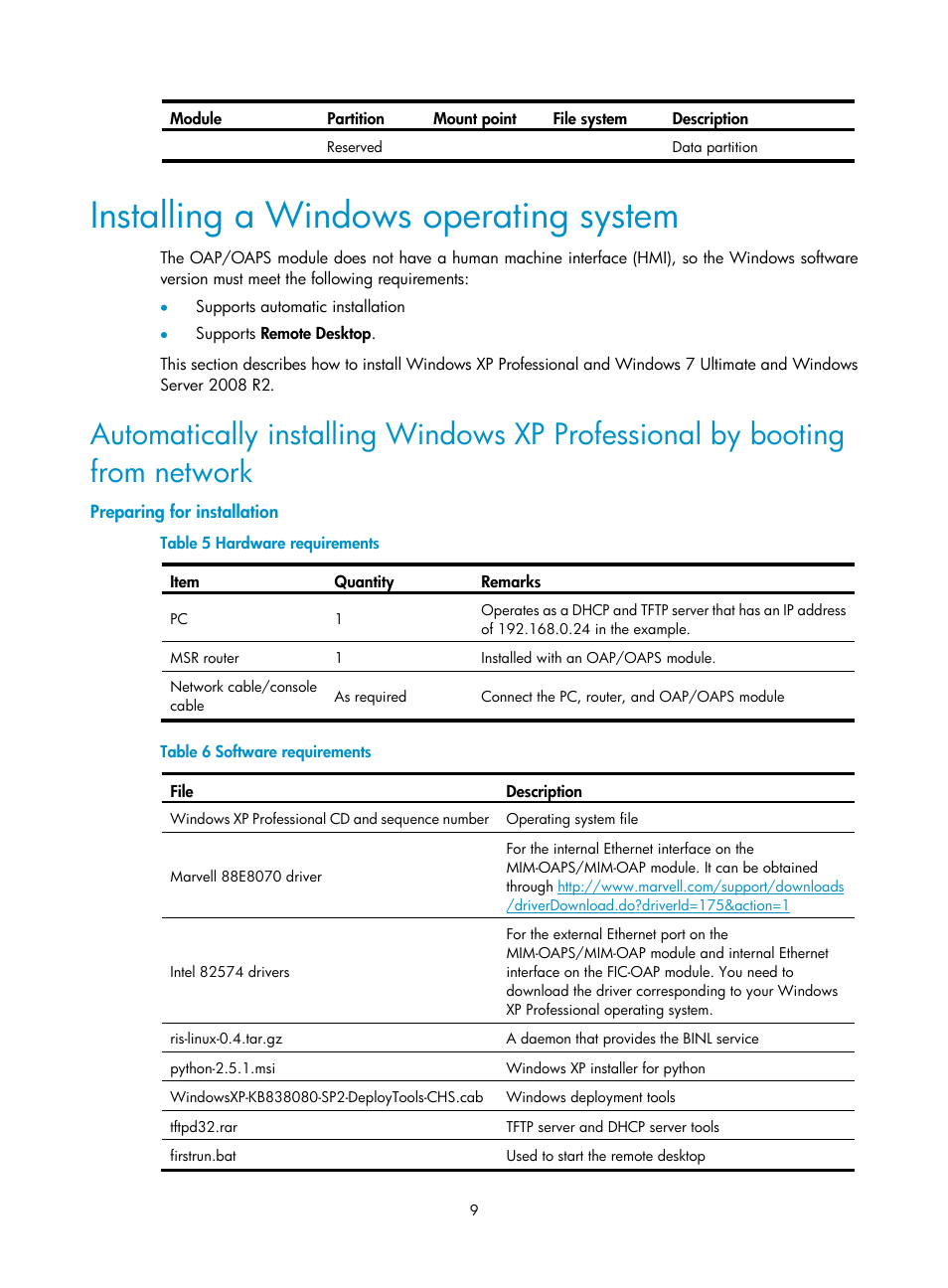 Installing a windows operating system, Preparing for installation | H3C Technologies H3C MSR 50 User Manual | Page 15 / 26