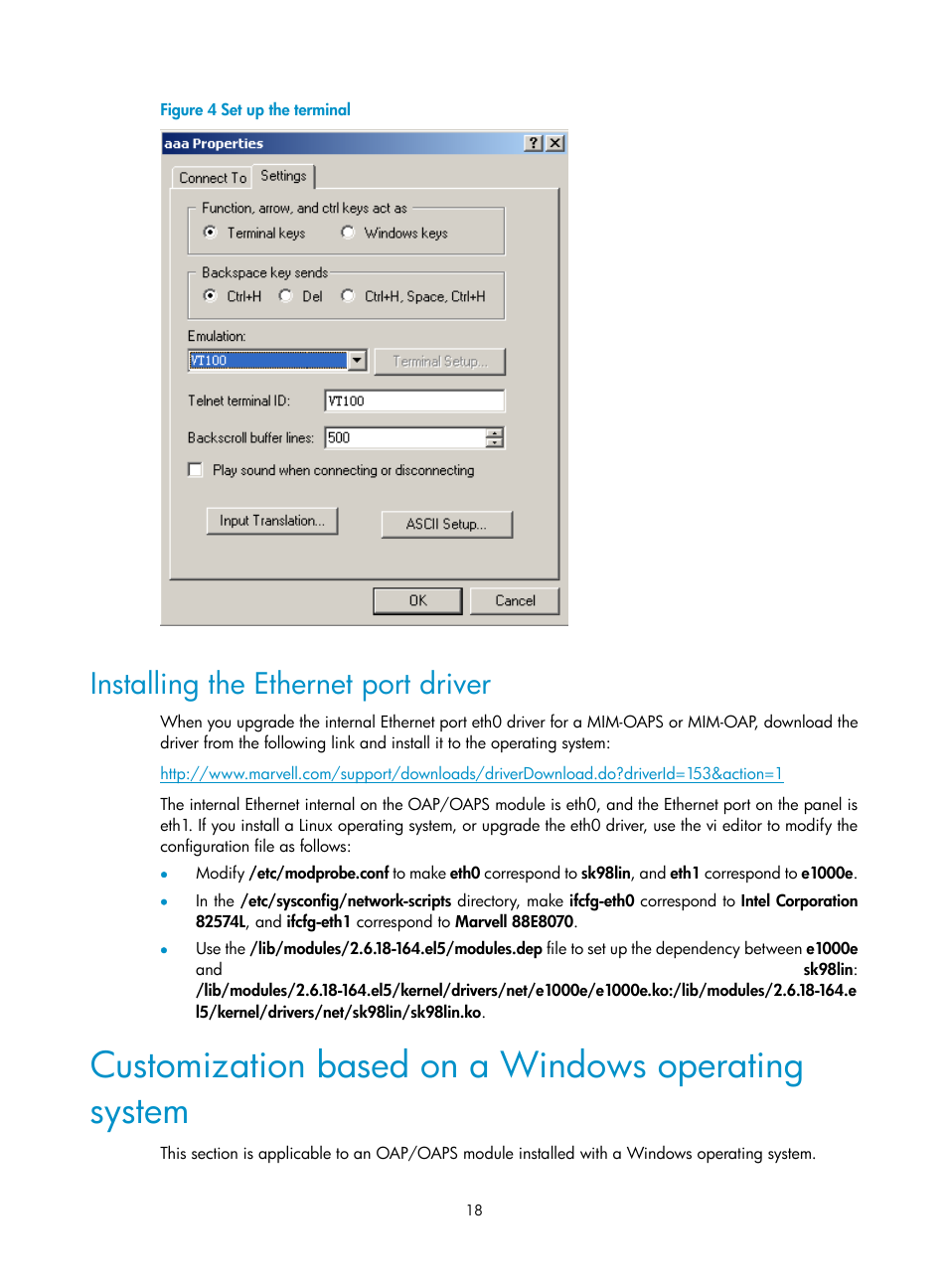 Installing the ethernet port driver, Customization based on a windows operating system | H3C Technologies H3C MSR 50 User Manual | Page 24 / 26