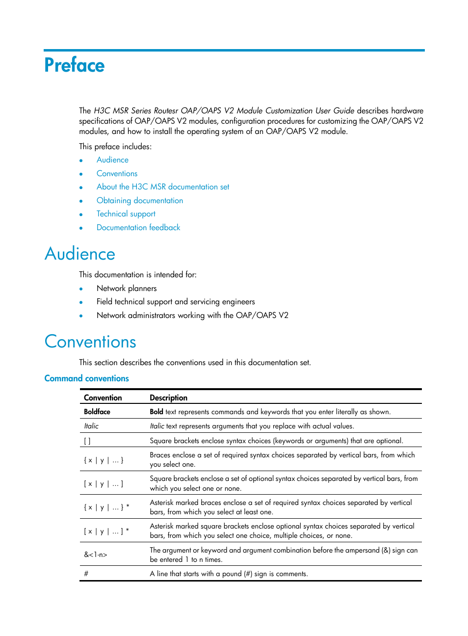 Preface, Audience, Conventions | Command conventions | H3C Technologies H3C MSR 50 User Manual | Page 3 / 26