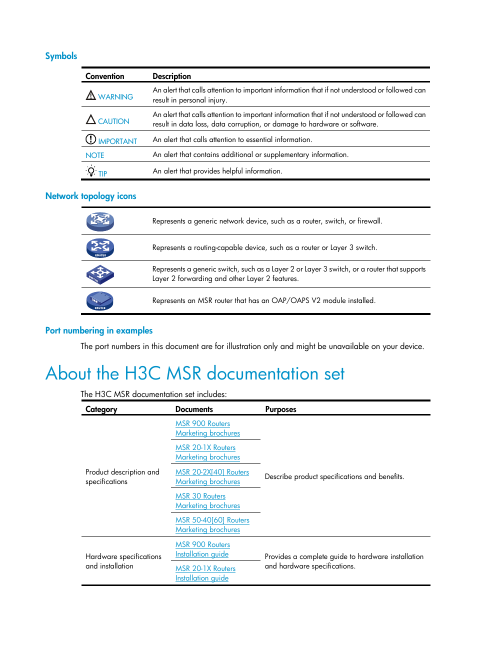 Symbols, Network topology icons, Port numbering in examples | About the h3c msr documentation set | H3C Technologies H3C MSR 50 User Manual | Page 4 / 26