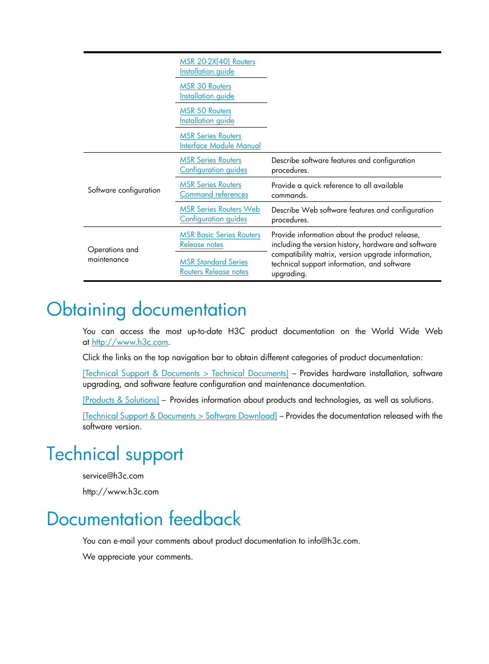 Obtaining documentation, Technical support, Documentation feedback | H3C Technologies H3C MSR 50 User Manual | Page 5 / 26