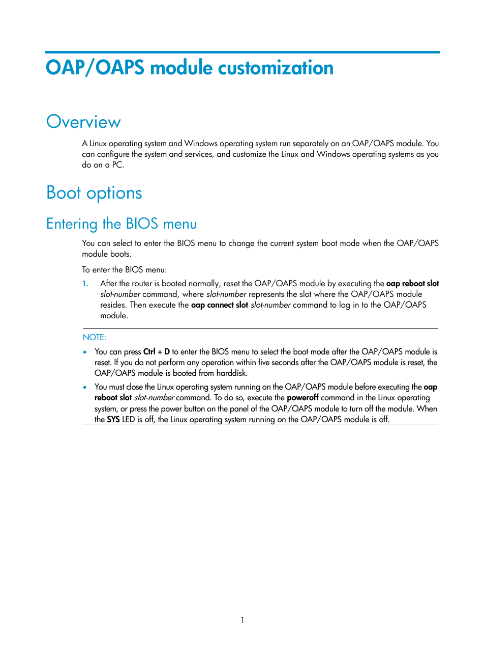 Oap/oaps module customization, Overview, Boot options | Entering the bios menu | H3C Technologies H3C MSR 50 User Manual | Page 7 / 26