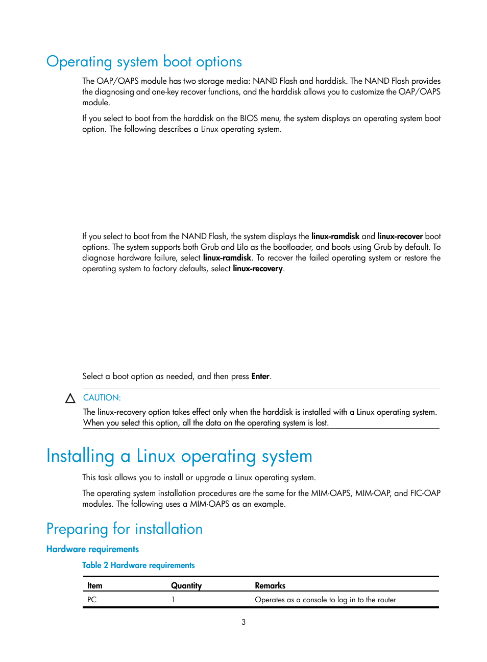 Operating system boot options, Installing a linux operating system, Preparing for installation | Hardware requirements | H3C Technologies H3C MSR 50 User Manual | Page 9 / 26